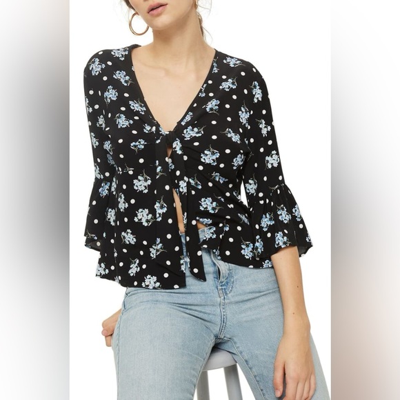 Topshop Tops - Topshop Women’s Felicity Spot Floral Tie Front Blouse Black Size 12